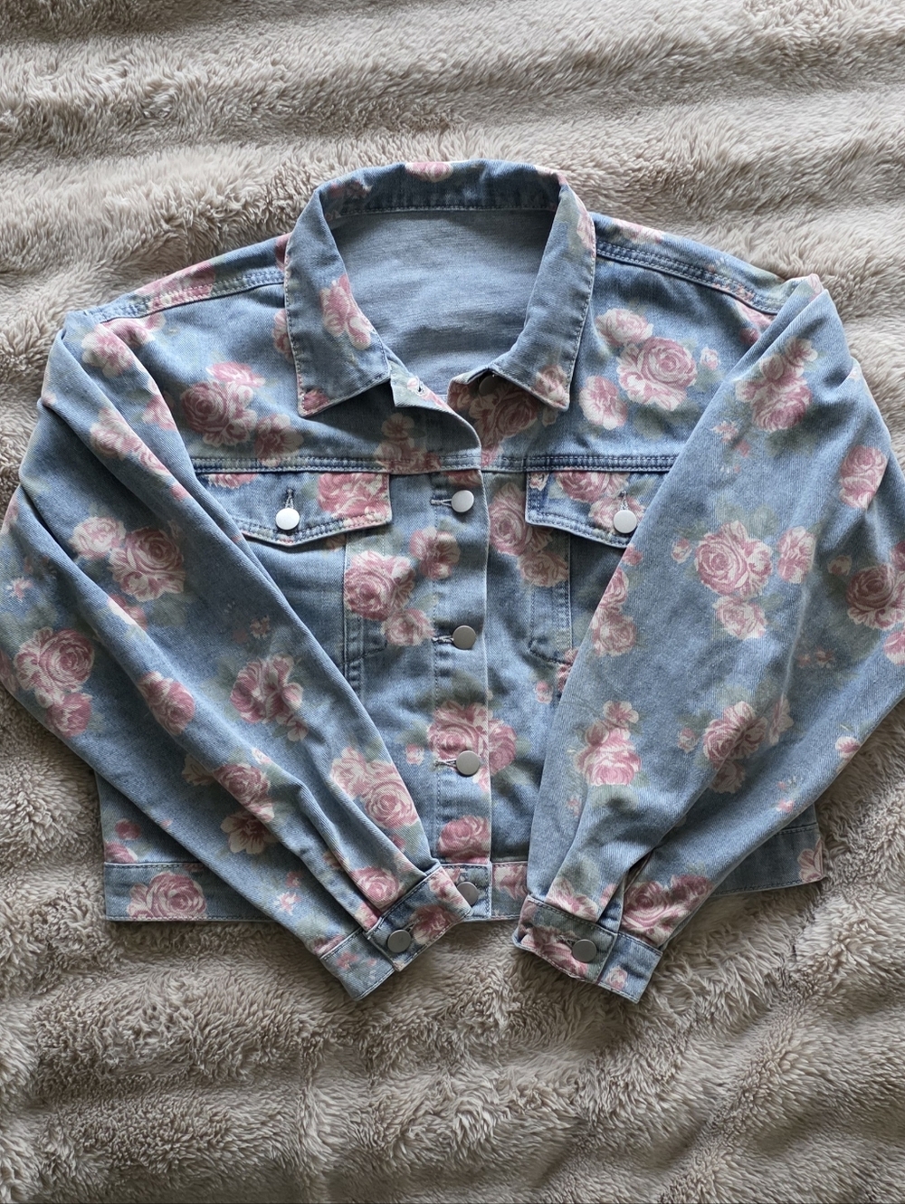 DAZY Floral Cropped Denim Jacket Puffy Sleeves Boxy Fit Size L